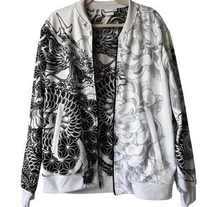 Lunafide‎ Black White Dragon Bomber Jacket Men's Large Japanese Tattoo Art